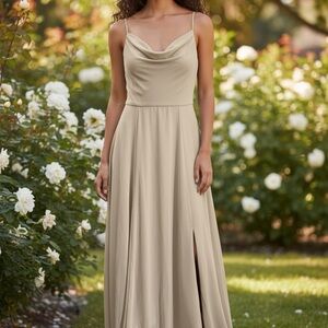 Cowl-Neck Champagne Spaghetti-Strap Prom Dress